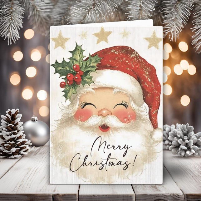 Cartes Pour Fêtes Annuelles Nostalgique Gold Stars Joyeux Noël Père Noël (Nostalgic Gold Stars Merry Christmas Santa Holiday Card)