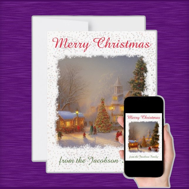 Cartes Pour Fêtes Annuelles Nostalgique Joyeux Noël Arbres Village Carré (Créateur téléchargé)