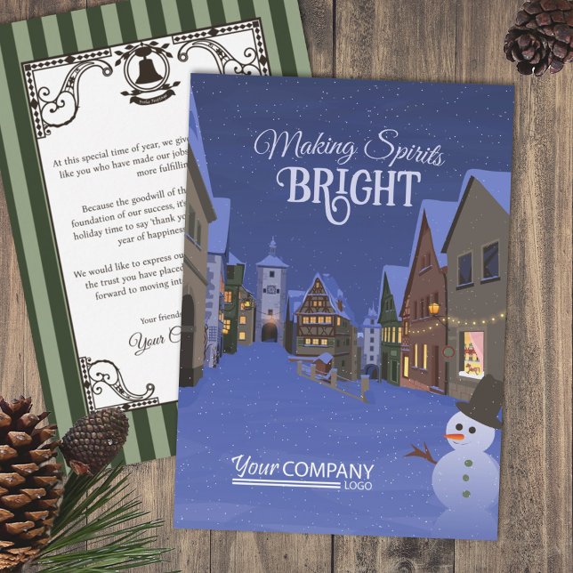 Cartes Pour Fêtes Annuelles Nostalgique Logo d'affaires Feux de Noël Bleu (Nostalgic Christmas Lights Company Holiday Greeting Cards Blue Rothenburg, German, old Bavarian Town)