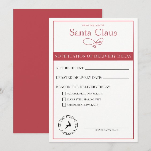 Cartes Pour Fêtes Annuelles Notification de Sainte-Nicolas de retard de livrai (Devant / Derrière)