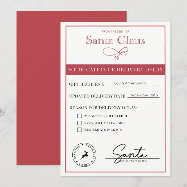 Cartes Pour Fêtes Annuelles Notification père Noël De Retard De Livraison Modi (Devant / Derrière)