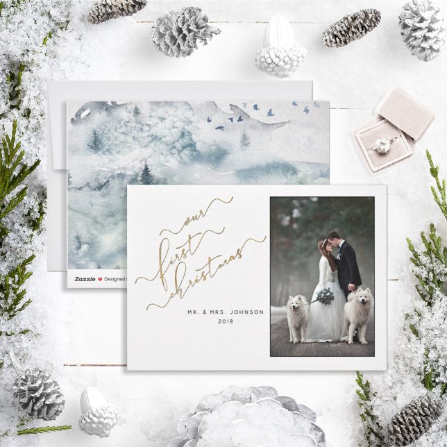 Cartes Pour Fêtes Annuelles NOTRE PREMIER CHRISTMAS Gold Script Photo Mr. & Mm (Créateur téléchargé)