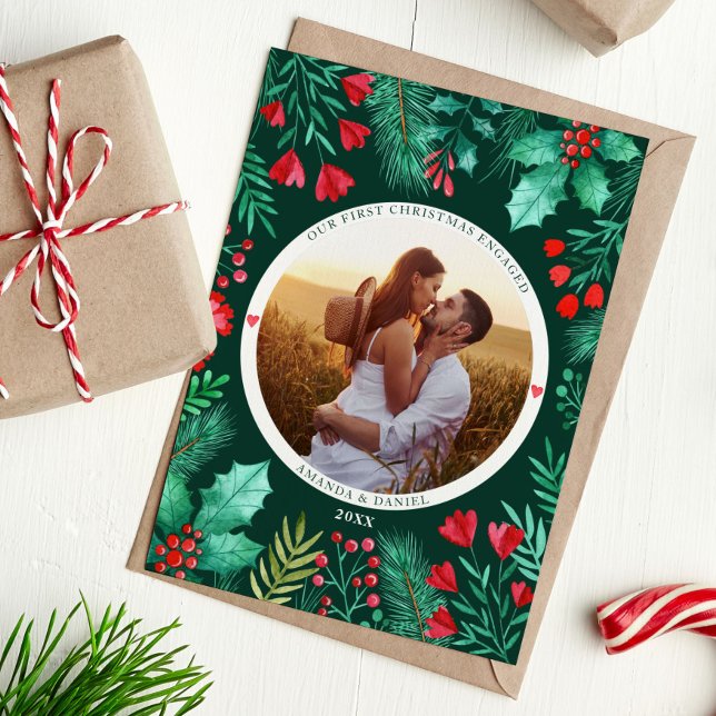 Cartes Pour Fêtes Annuelles Notre premier film d'aquarelle de Noël (Our First Christmas Engaged Watercolor Foliage Holiday Card)