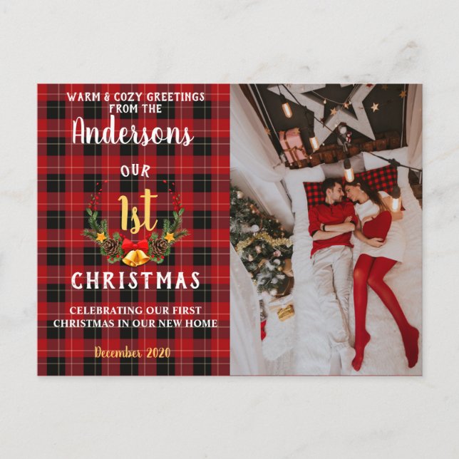 Cartes Pour Fêtes Annuelles Notre premier Noël dans notre nouvelle maison| Red (Devant)