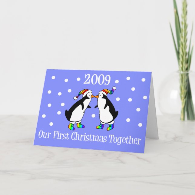 Cartes Pour Fêtes Annuelles Notre premier Noël Ensemble 2009 (Pingouins GLBT) (Devant)