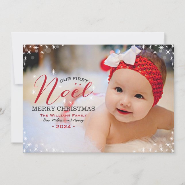Cartes Pour Fêtes Annuelles Notre premier Noel Red Photo Overlay Baby First (Devant)