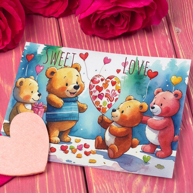 Cartes Pour Fêtes Annuelles Nounours Valentin Partageant Des Candies En Forme  (Créateur téléchargé)