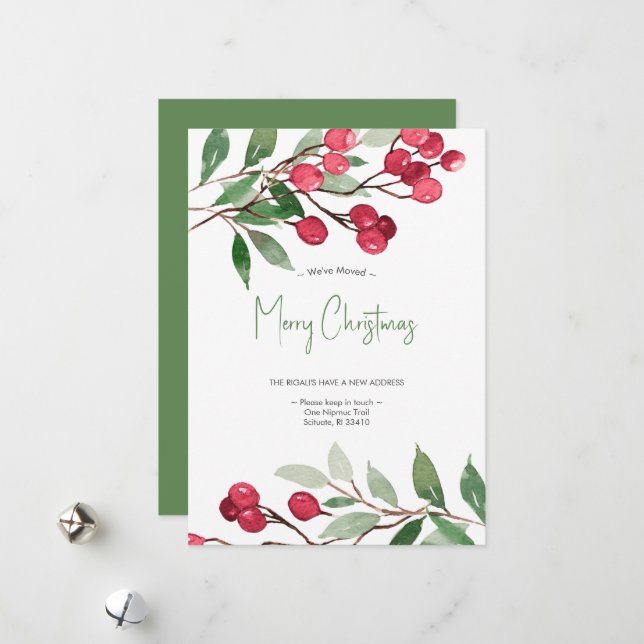 Cartes Pour Fêtes Annuelles Nous avons déménagé Elegant Aquarelle Noël (Devant/Arrière en situation)