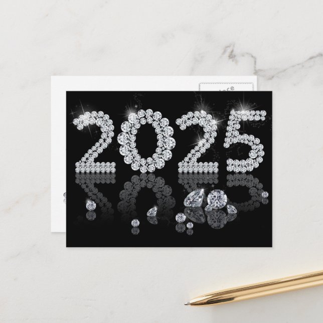 Cartes Pour Fêtes Annuelles Nouvel an 2025 de luxe brillant diamants (Devant/Arrière en situation)