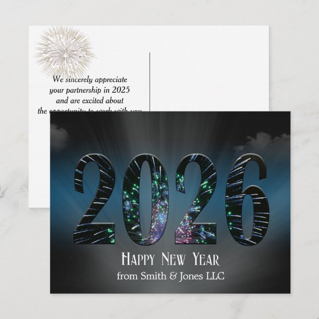 Cartes Pour Fêtes Annuelles Nouvel An 2026 Feu d'artifice et nuages (Devant / Derrière)