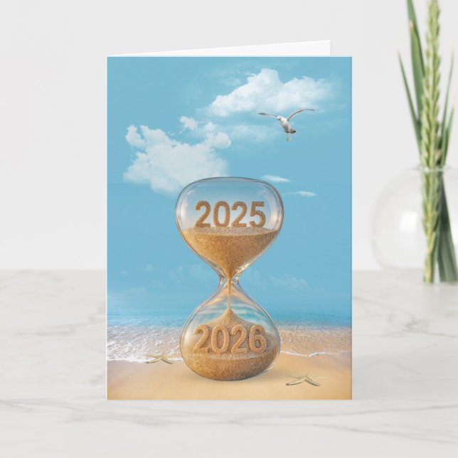 Cartes Pour Fêtes Annuelles Nouvel An 2026 Sand Timer Sur La Plage (Devant)