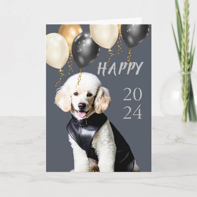 Cartes Pour Fêtes Annuelles Nouvel An avec un caniche blanc en cuir (Devant)