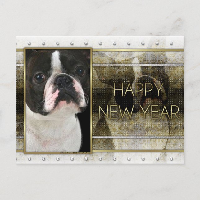 Cartes Pour Fêtes Annuelles Nouvel An - Golden Elegance - Boston Terrier (Devant)