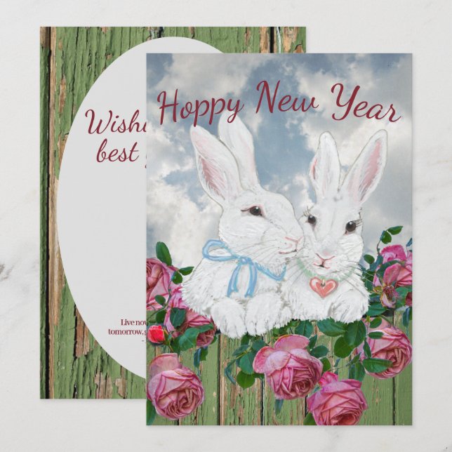 Cartes Pour Fêtes Annuelles Nouvel An Lapin Lapin Rose Rose Inspiration Cute (Devant / Derrière)