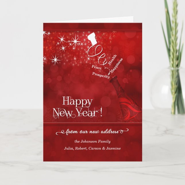 Cartes Pour Fêtes Annuelles Nouvelle adresse Nouvel An Champagne en Rouge (Devant)
