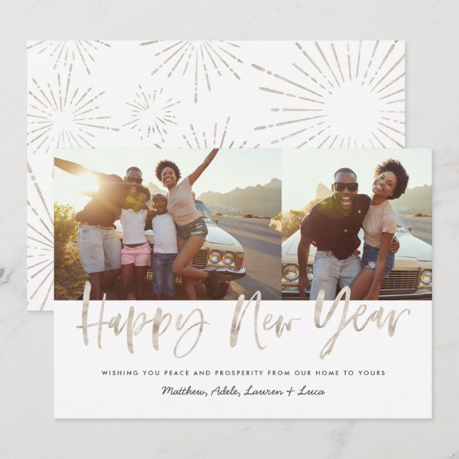 Cartes Pour Fêtes Annuelles Nouvelle année 2 photo moderne argenté élégant (Devant / Derrière)
