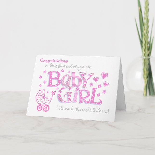 Cartes Pour Fêtes Annuelles Nouvelle Bébé Félicitations Fille Pink Hearts Card (Devant)