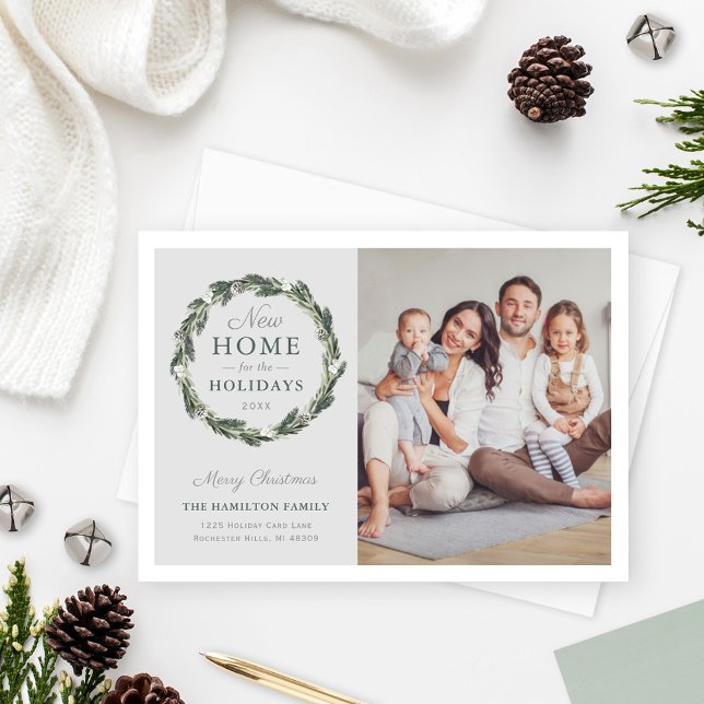Cartes Pour Fêtes Annuelles Nouvelle maison Élégante Neutre Gris Vert Gris Pho (Créateur téléchargé)