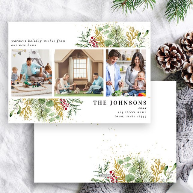 Cartes Pour Fêtes Annuelles Nouvelle maison Gold Winter Botanical Greenery 3 P (Créateur téléchargé)