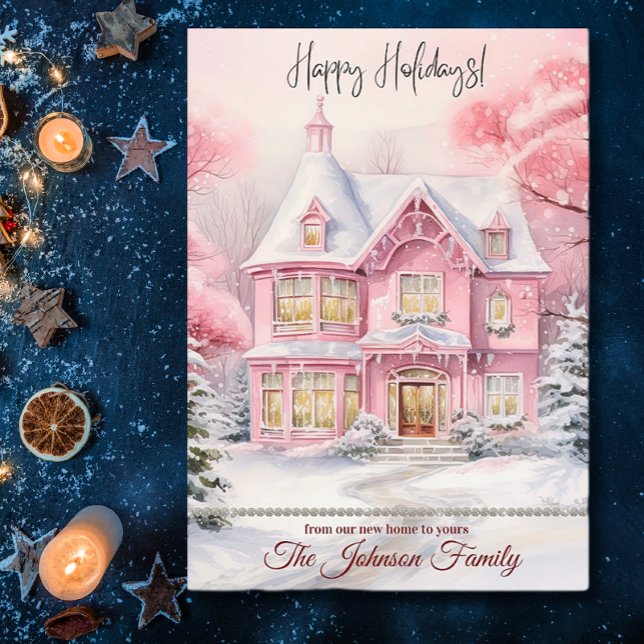 Cartes Pour Fêtes Annuelles Nouvelle maison pour les vacances hiver Scène rose (Créateur téléchargé)