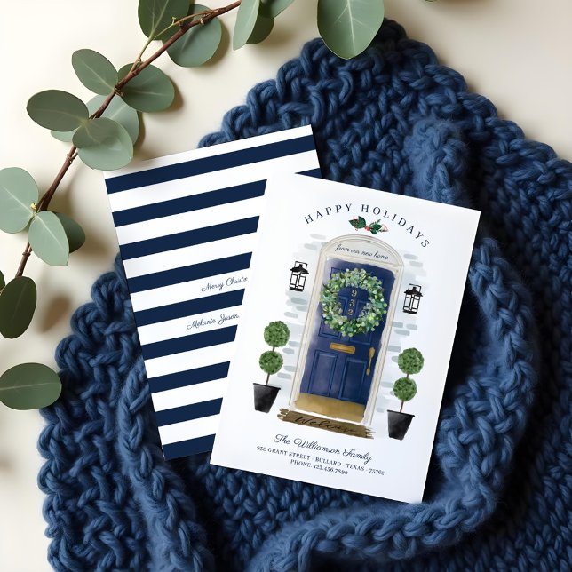 Cartes Pour Fêtes Annuelles Nouvelle maison pour les vacances Porte aquarelle  (New Home For the Holidays Navy Watercolor Door Holiday Card)