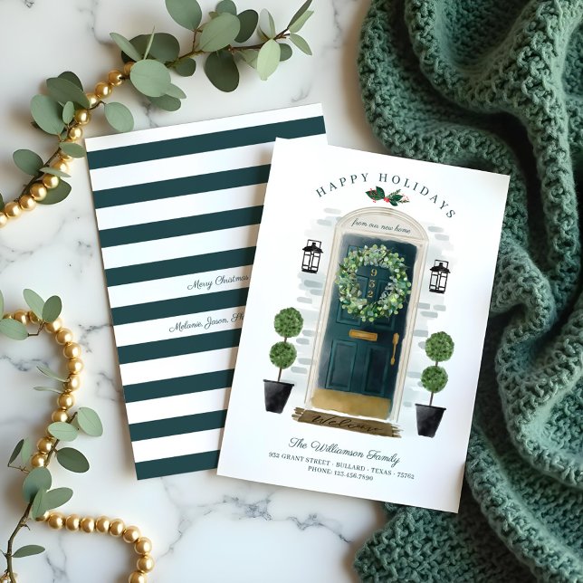 Cartes Pour Fêtes Annuelles Nouvelle maison pour les vacances Porte d'aquarell (New Home For the Holidays Green Watercolor Door Holiday Card)