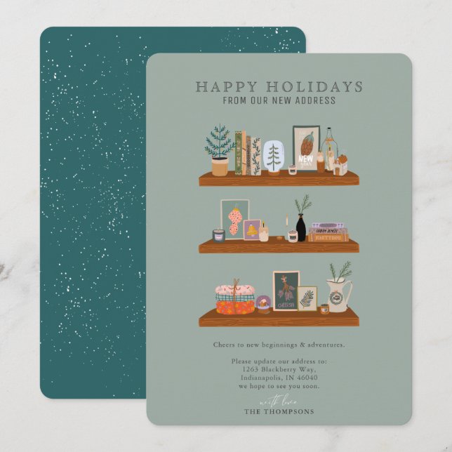 Cartes Pour Fêtes Annuelles Nouvelle Maison Vacances Shelf Green Moving Faire- (Devant / Derrière)
