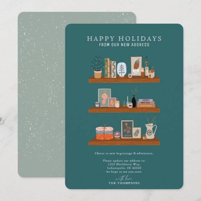 Cartes Pour Fêtes Annuelles Nouvelle Maison Vacances Shelf Green Moving Faire- (Devant / Derrière)