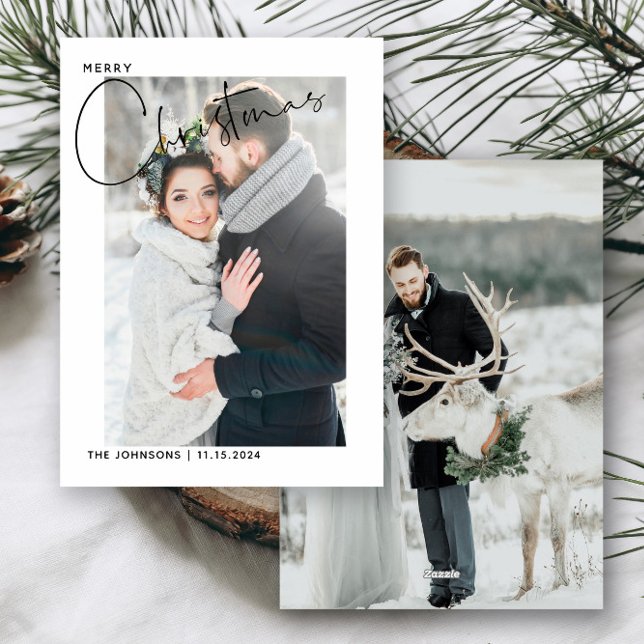 Cartes Pour Fêtes Annuelles Nouvelle mariée Première main de Noël Lettré 2 pho (Easily personalize this simple holiday card with 2 of your wedding photos and your deets)