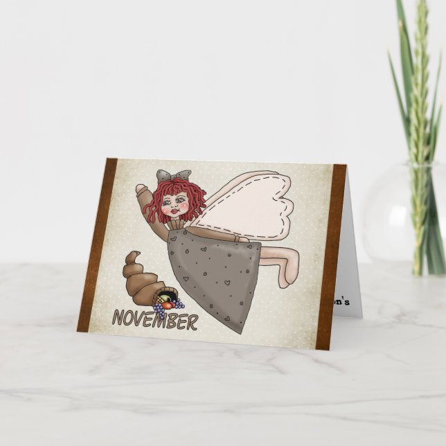 Cartes Pour Fêtes Annuelles Novembre Angel Thanksgiving/Birthday Grey Card (Devant)