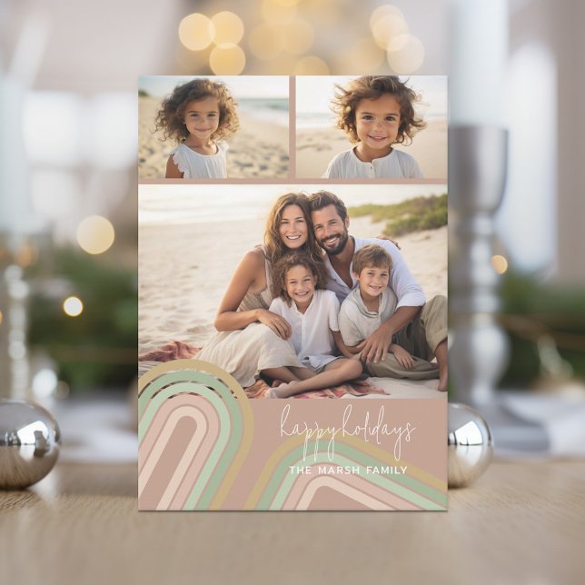 Cartes Pour Fêtes Annuelles Nuances minimes de champagne modernes - Photo (Soft, retro pastel holiday card with boho stripes and 3 photos.)