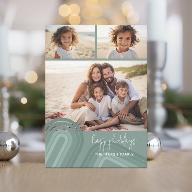 Cartes Pour Fêtes Annuelles Nuances minimes modernes de bleu pastel (Soft, retro pastel holiday card with boho stripes and 3 photos.)
