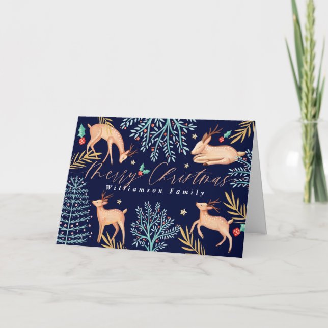 Cartes Pour Fêtes Annuelles Nuit Boisée Rinder & Arbre de Noël (Devant)
