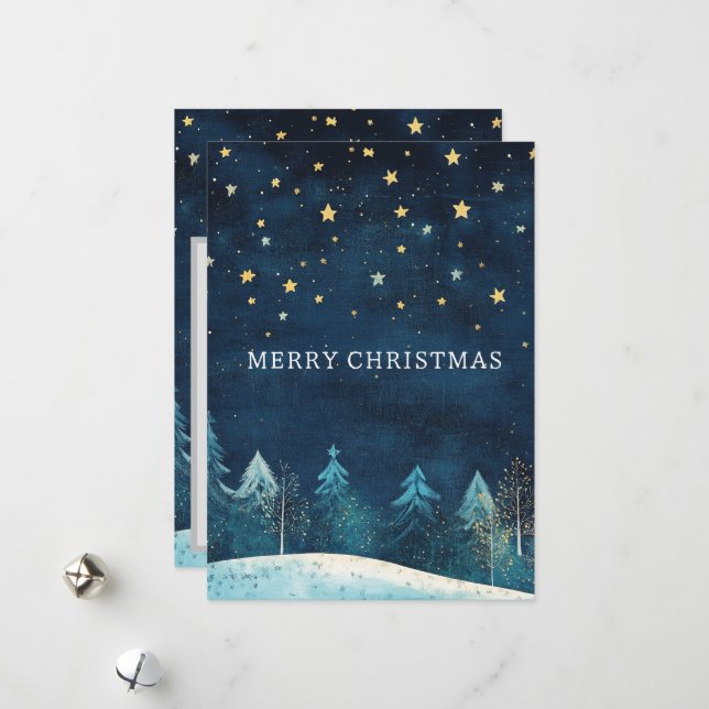 Cartes Pour Fêtes Annuelles Nuit de neige bleu marine personnalisée Noël (Devant/Arrière en situation)