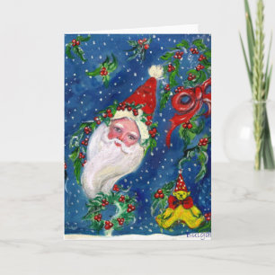 CARTES POUR FÊTES ANNUELLES NUIT DE NOËL / PÈRE NOËL AVEC JOUETS ET HOLLYBERRI