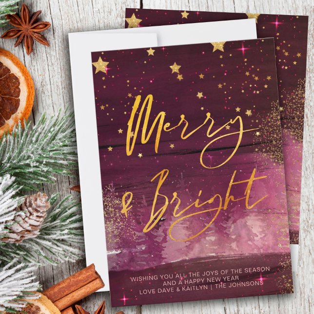 Cartes Pour Fêtes Annuelles Nuit d'hiver étoilée Joyeux et brillant Ruby Gold (Créateur téléchargé)