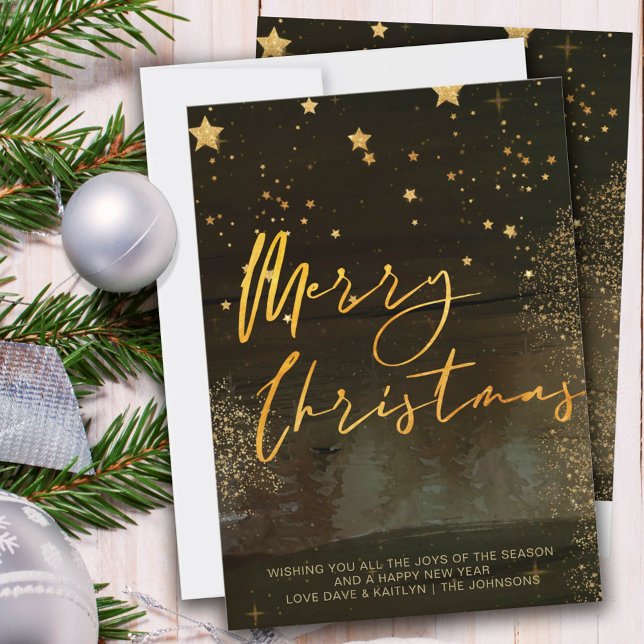 Cartes Pour Fêtes Annuelles Nuit d'hiver Merry Noël Script Gold (Créateur téléchargé)