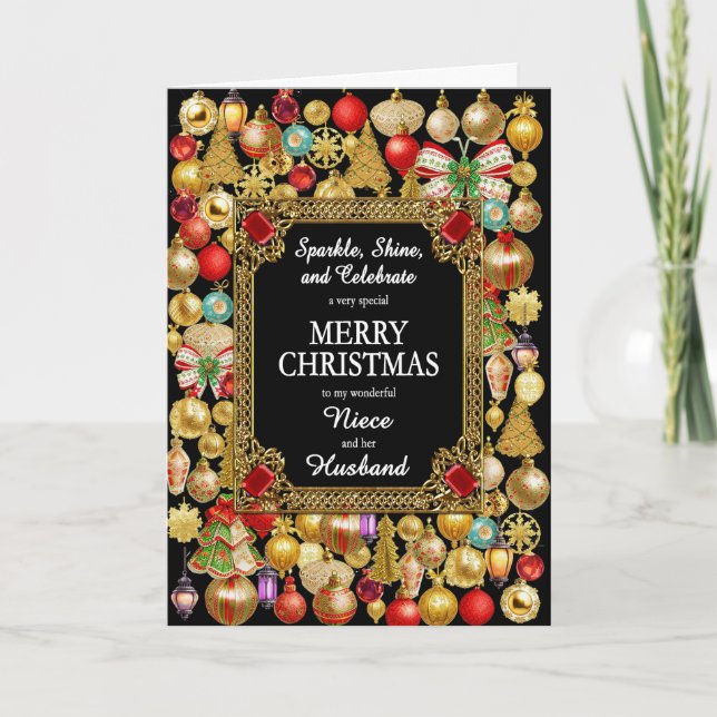 Cartes Pour Fêtes Annuelles Nuit et Mari Joyeux Noël avec ornements (Devant)