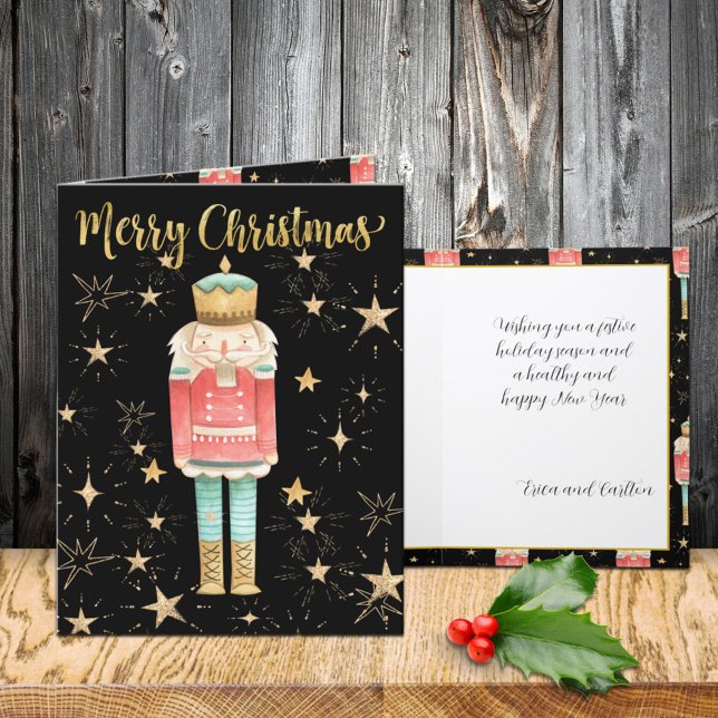 Cartes Pour Fêtes Annuelles Nuit étoilée Gold Nutcracker de Noël (The Christmas Nutcracker Gold Starry Night Holiday Wraparound Graphics Folded Card)