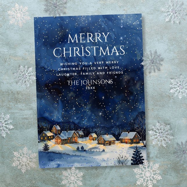 Cartes Pour Fêtes Annuelles Nuit Russe traditionnelle Aquarelle Ciel Noël (Traditional Rustic Watercolor Night Sky Christmas Holiday Card)