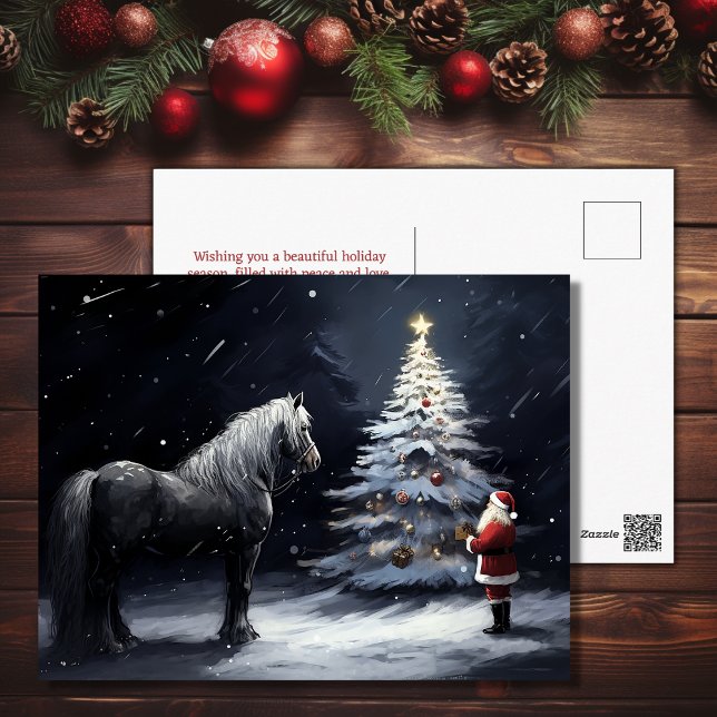 Cartes Pour Fêtes Annuelles Nuit silencieuse - Beau cheval et Noël Père Noël (Silent Night - Beautiful Horse and Santa Christmas Holiday Postcard)