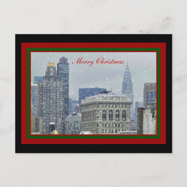 Cartes Pour Fêtes Annuelles NYC Skyline Chrysler Bldg, Flatiron Snow Christmas (Devant)