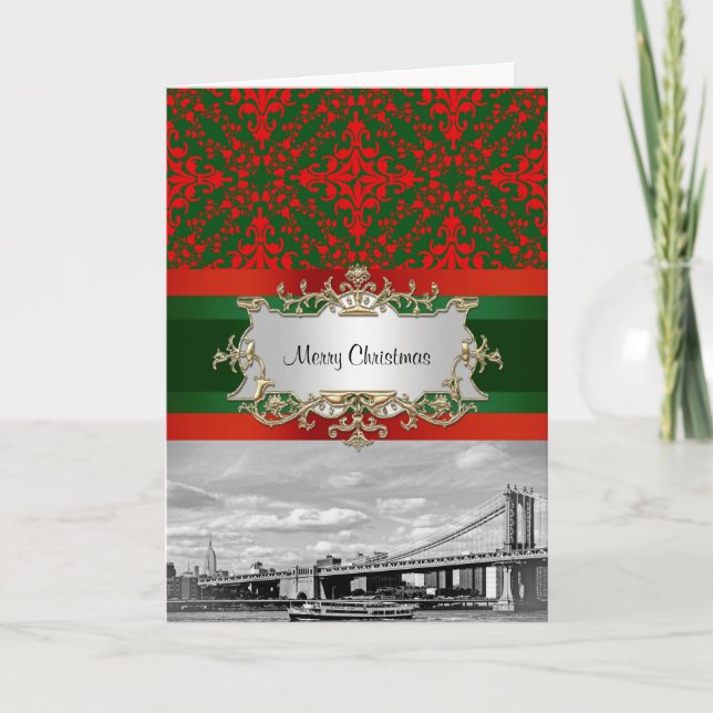 Cartes Pour Fêtes Annuelles NYC Skyline Manhattan Bridge Damask Xmas (Devant)