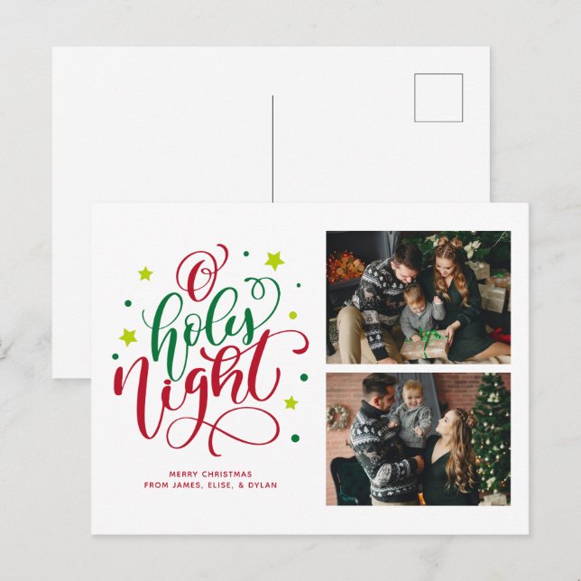 Cartes Pour Fêtes Annuelles O Holy Night Fun Script 2 Photo Collage (Devant / Derrière)
