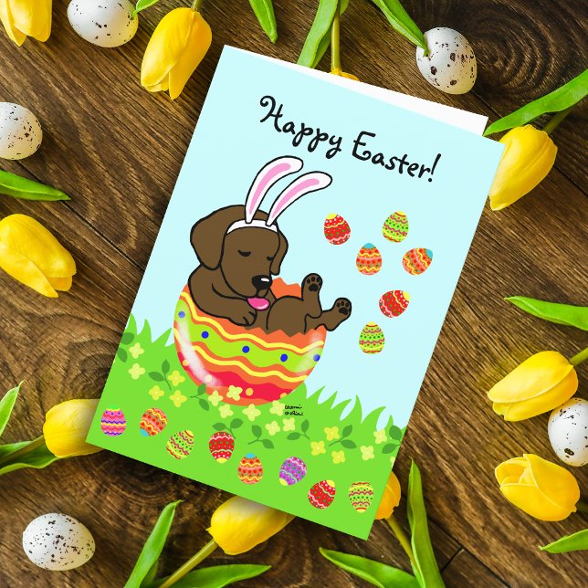 Cartes Pour Fêtes Annuelles Oeuf de Pâques Chocolat Labrador Chiot caricature (Easter Egg Chocolate Labrador Puppy card featuring cute Labrador Cartoon in the colorful Easter egg.)