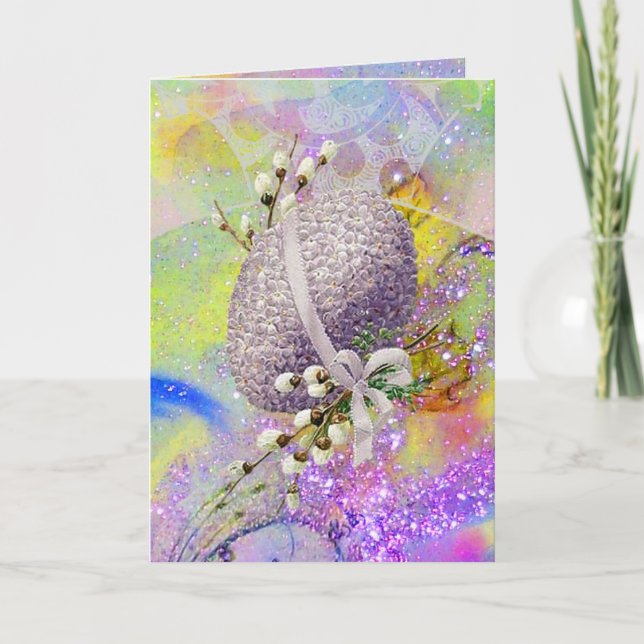 CARTES POUR FÊTES ANNUELLES OEUF DE PÂQUES POURPULAIRE, BLANCS, PARKLES JAUNES (Devant)