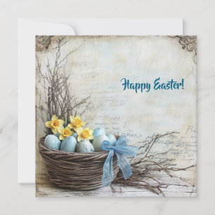 Cartes Pour Fêtes Annuelles Œufs de Pâques bleu pastel et jaune dans un panier