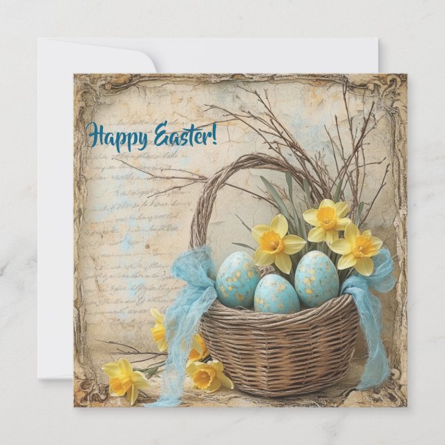 Cartes Pour Fêtes Annuelles Œufs de Pâques et jonquilles bleu pastel et jaune (Devant)
