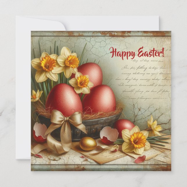 Cartes Pour Fêtes Annuelles Œufs de Pâques rouges rétro aquarelle et jonquille (Devant)