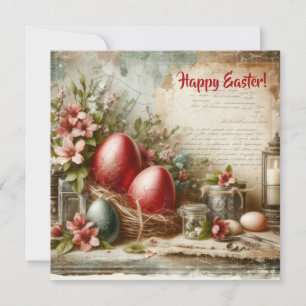 Cartes Pour Fêtes Annuelles Œufs de Pâques rouges rétro aquarelle fleurs print